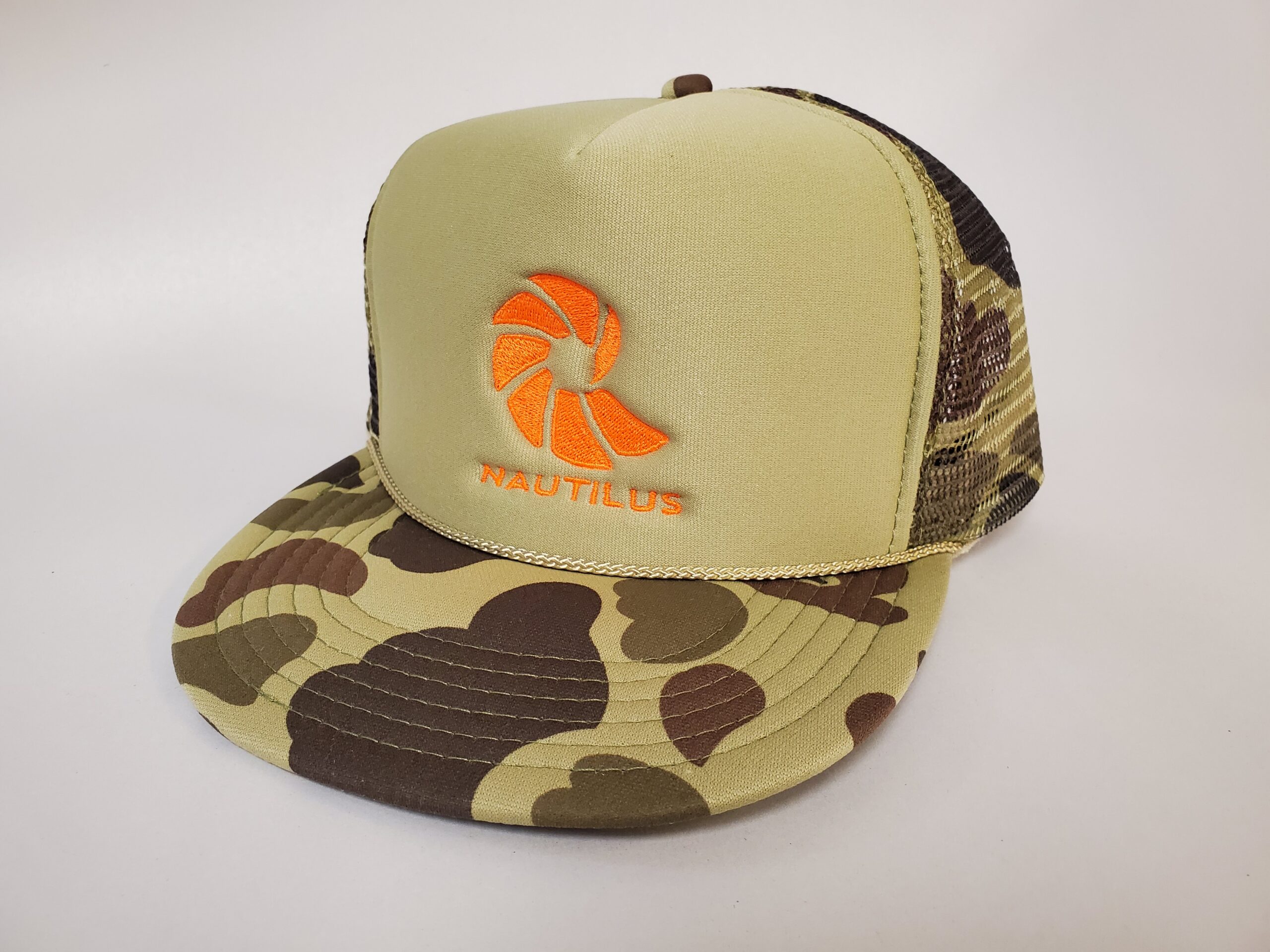 Camo Trucker Hat With Orange Logo - Nautilus Reels